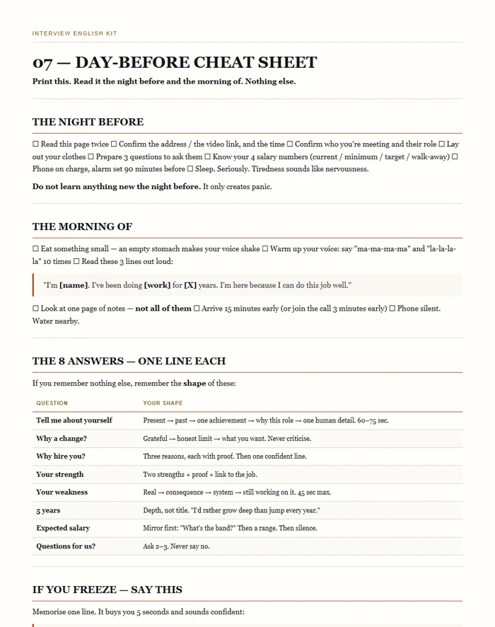 A partial page from the Day-Before Cheat Sheet