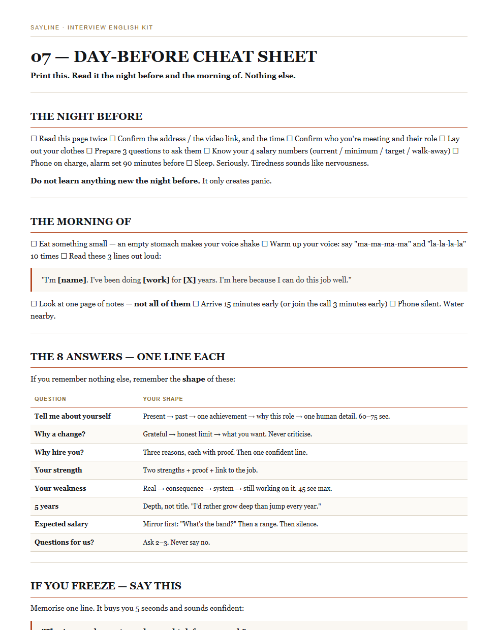 The Day-Before Cheat Sheet